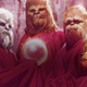 An illustrated Chewbacca and his family, dressed in red robes, hold aloft a crystal ball at the Tree of Life.
